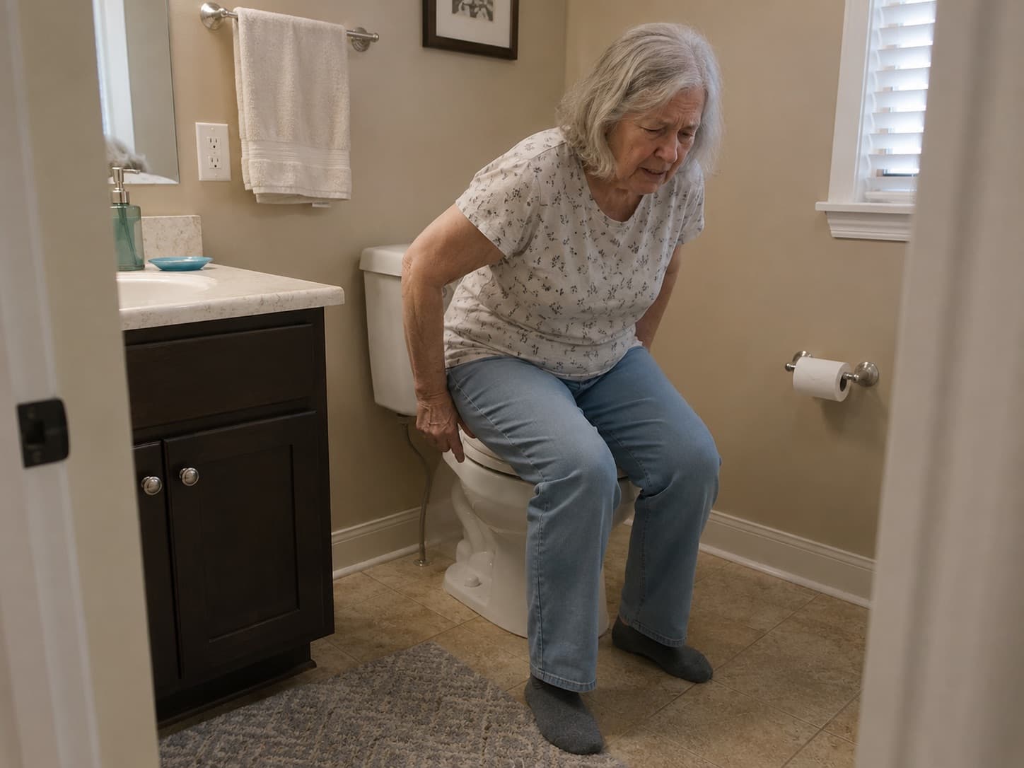 Elderly person unable to safely get off the toilet without assistance