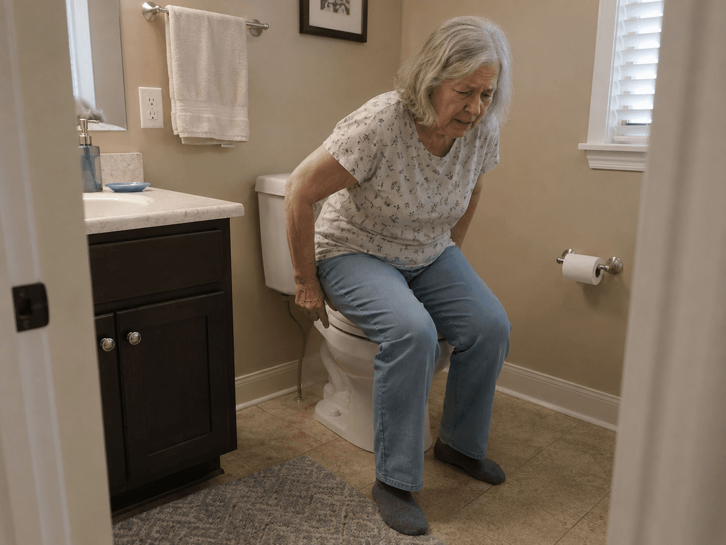 Elderly person unable to safely get off the toilet without assistance