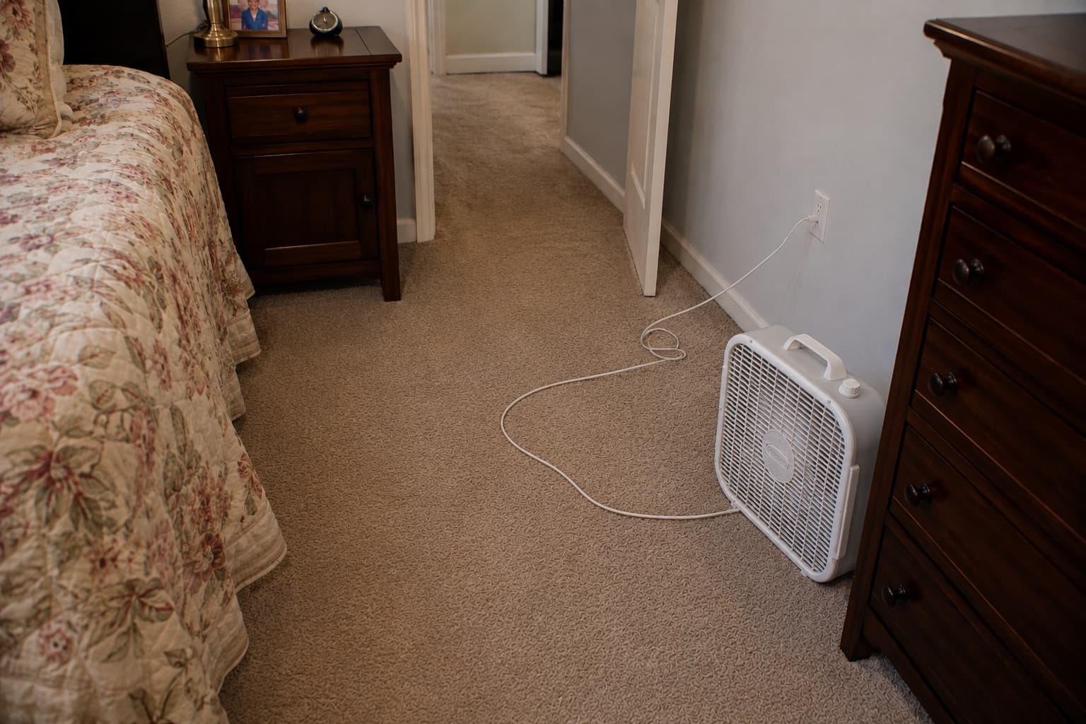 Electrical cord creating a trip hazard in the bedroom