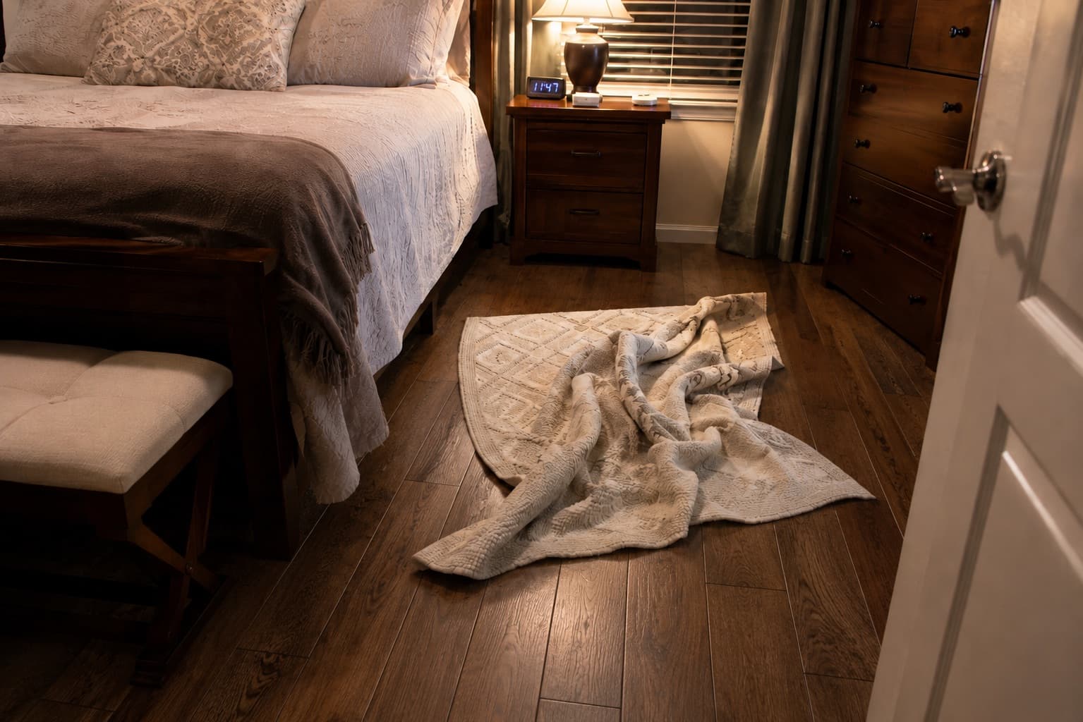 Loose rug creating a trip hazard in the bedroom