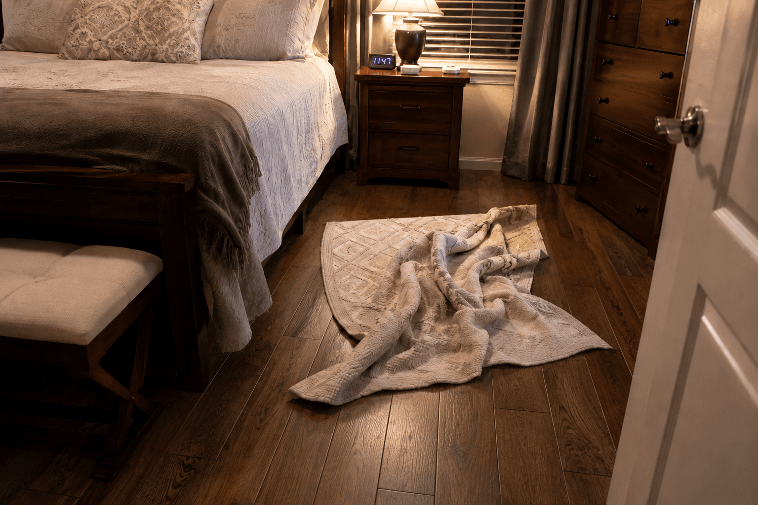 Loose rug creating a trip hazard in the bedroom