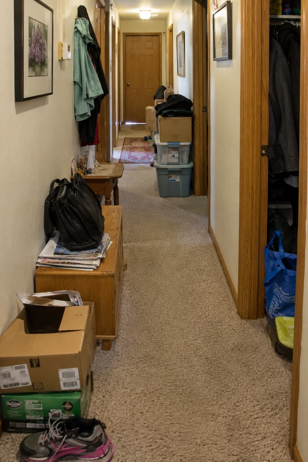 Hallway clutter creating a fall or trip hazard