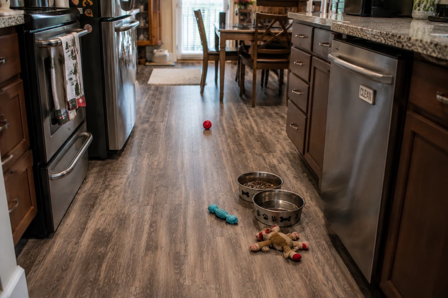 Dog toys creating a trip hazard in the kitchen
