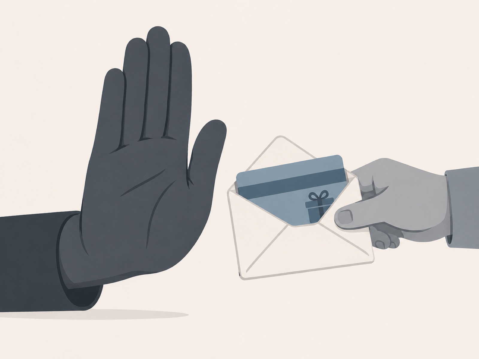 A raised palm turning away an envelope holding a gift card and a bank card