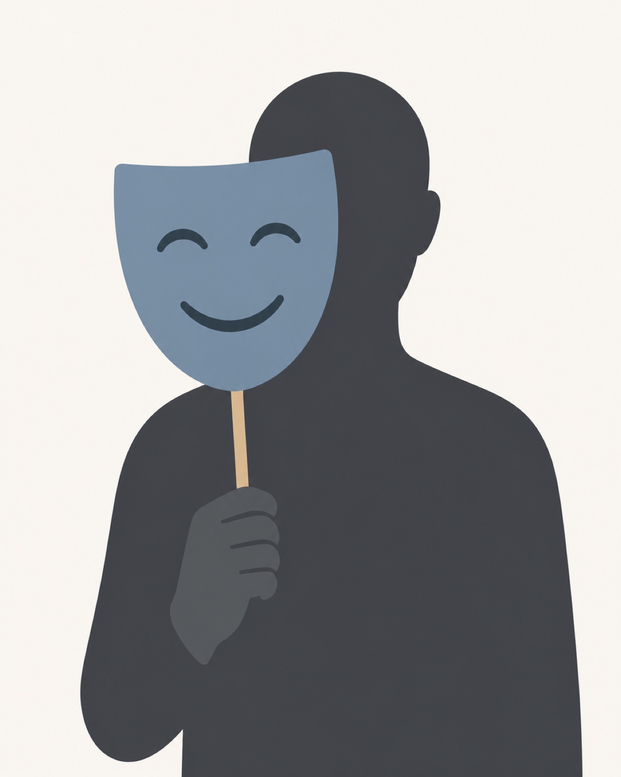 A dark figure holding up a friendly smiling mask on a stick