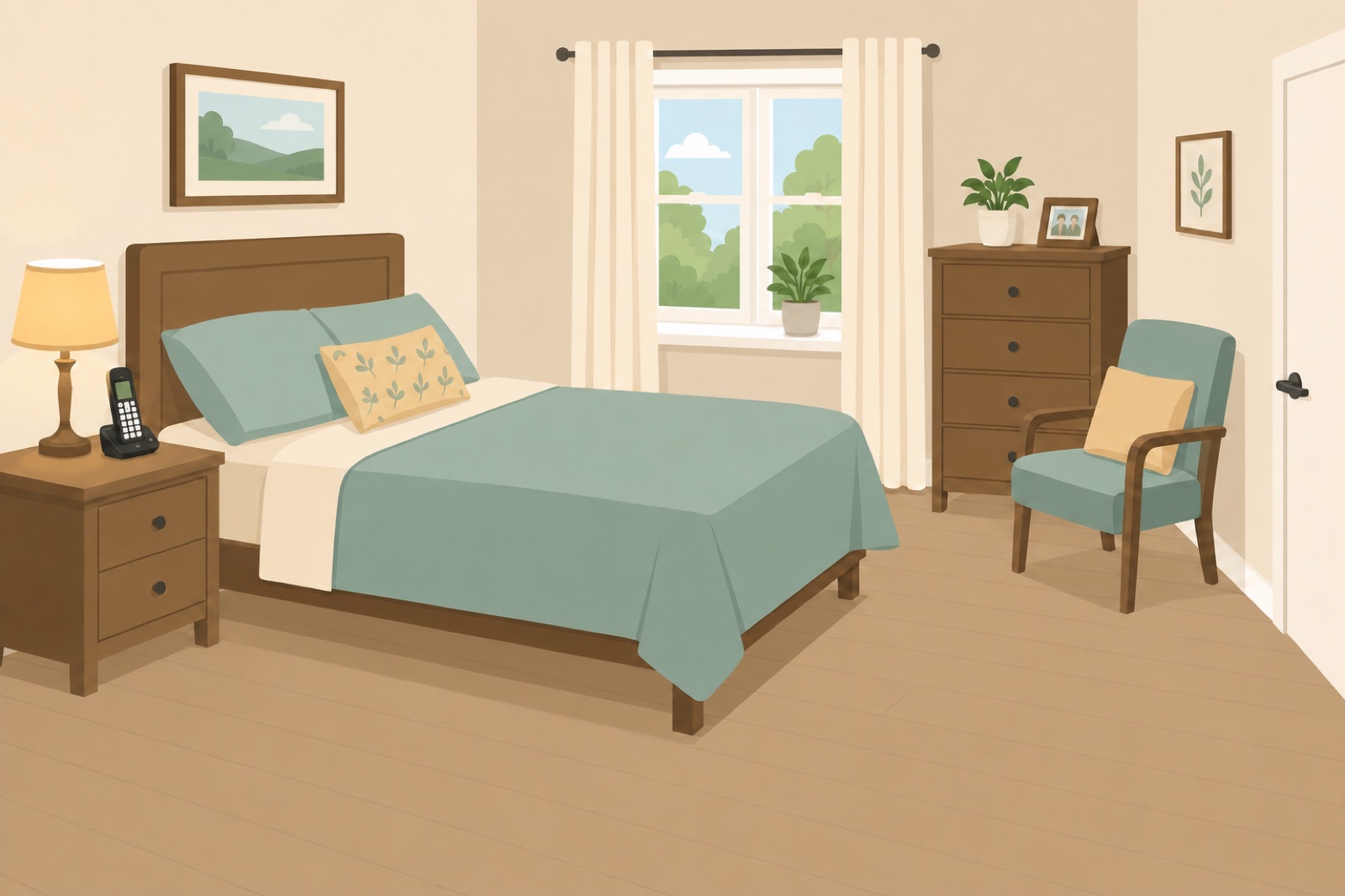 Bedroom annotated with fall precautions