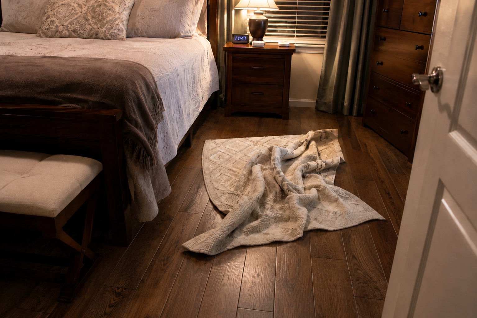 Loose rug creating a trip hazard in the bedroom