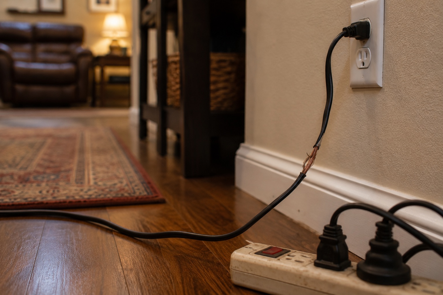 Frayed electrical cord creating a fire or shock hazard