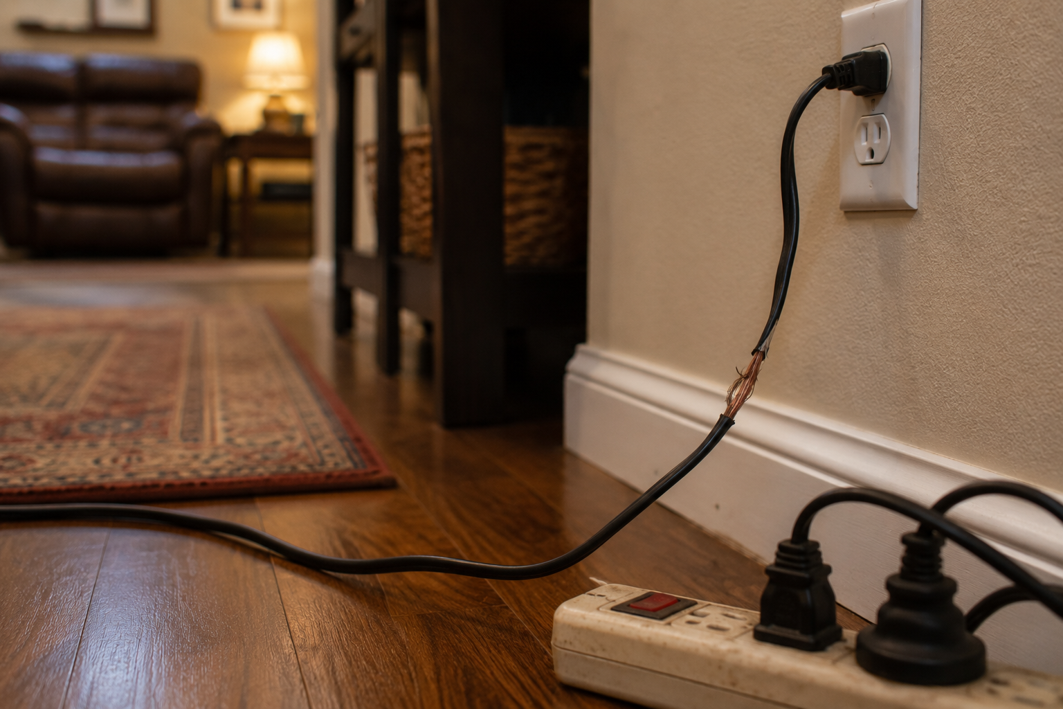 Frayed electrical cord creating a fire or shock hazard