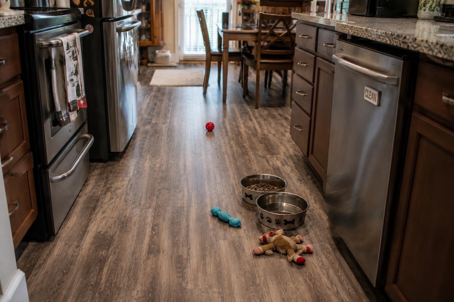 Dog toys creating a trip hazard in the kitchen