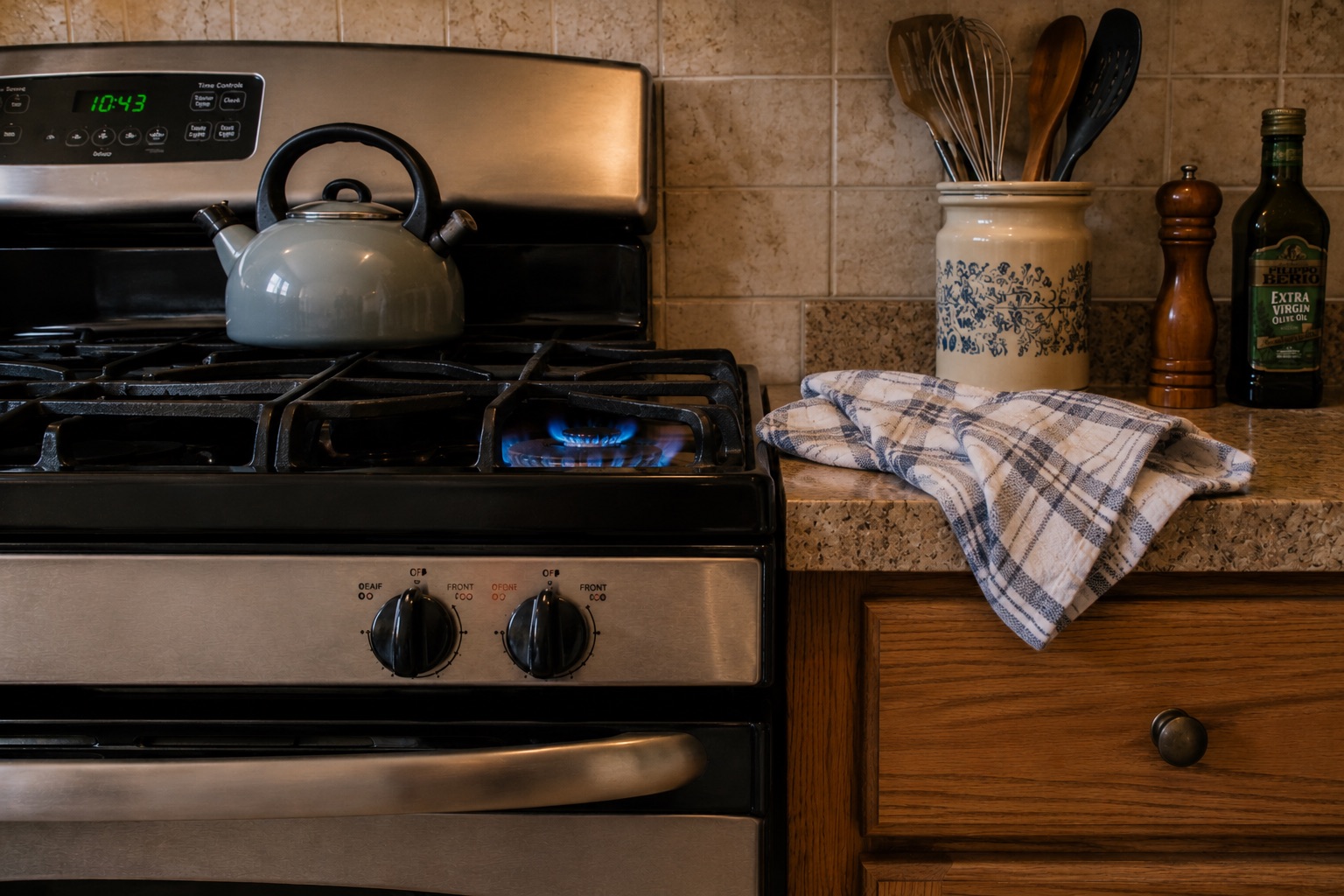 Fire on the stove in the kitchen