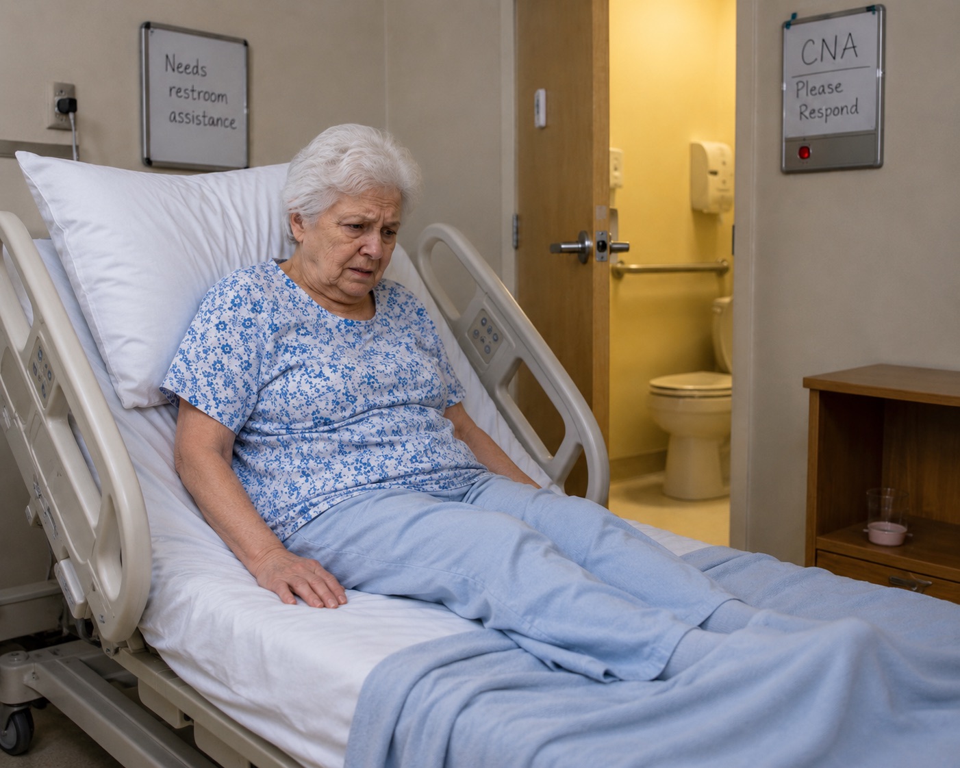 Bathroom safety scenario in a skilled nursing facility