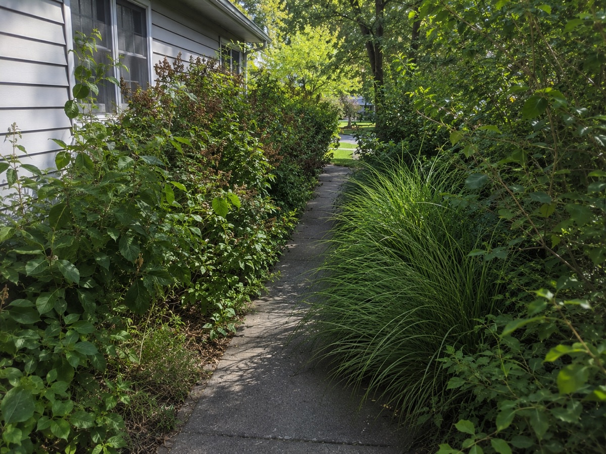 Overgrown vegetation blocking or narrowing a path