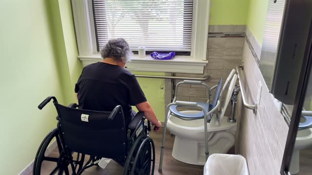Wheelchair to toilet: no brakes