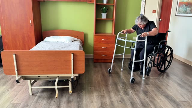 Wheelchair to walker: pull stand plus no brakes