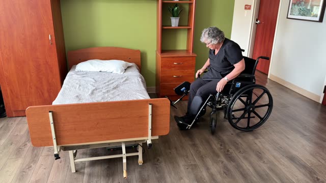 Walker to bed: no brakes plus leg rests obstacle